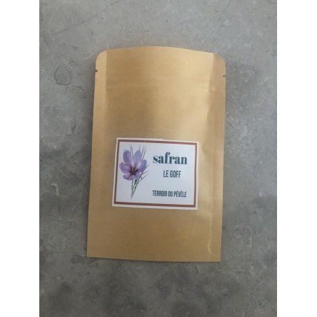 Dos du sachet pouvant contenir 1G de safran. Etiquette avec une fleur de safran et le nom "safran Le Goff"